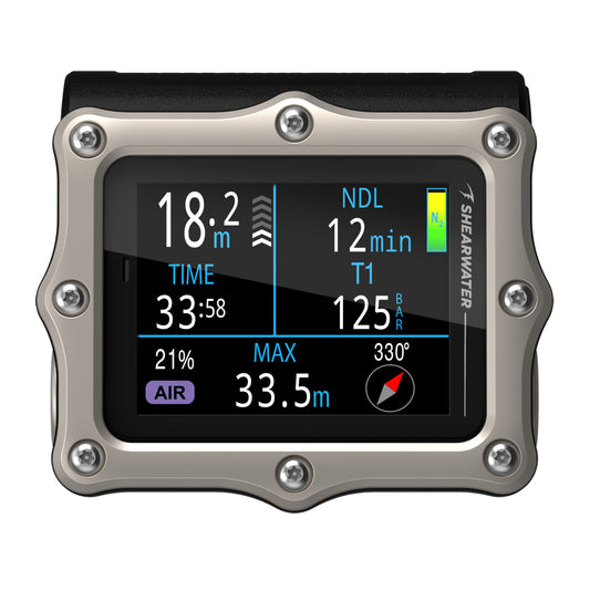 Shearwater Perdix 3 Silver front view showing air dive screen