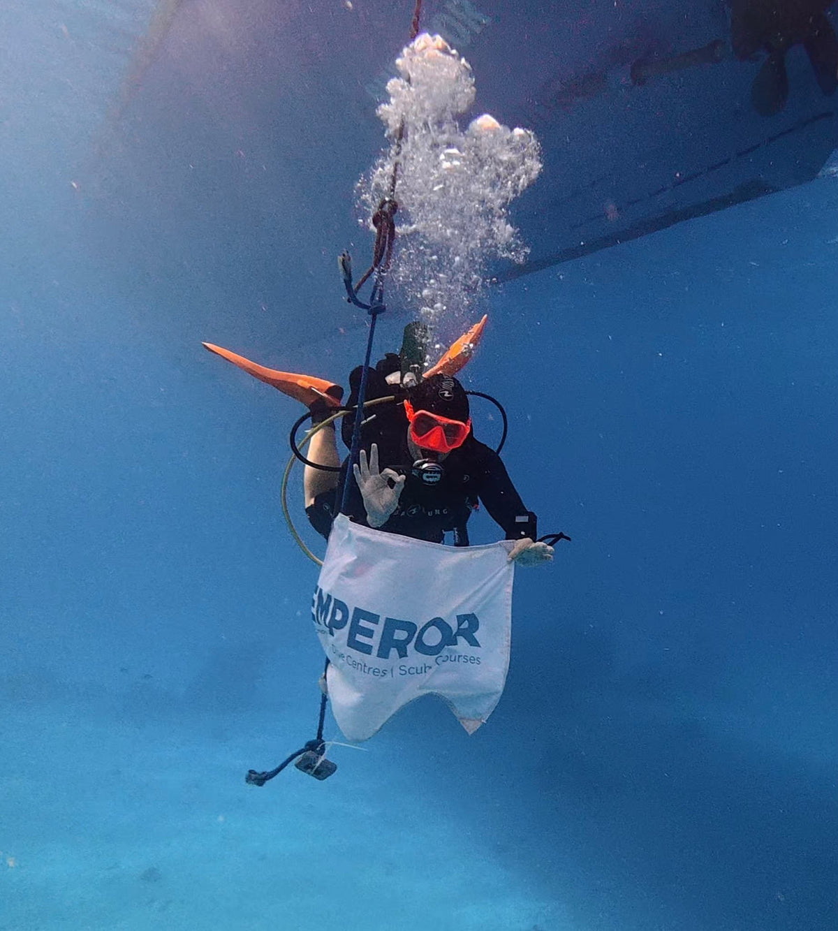A diver beneath the liveaboard on our previous Red Sea trip