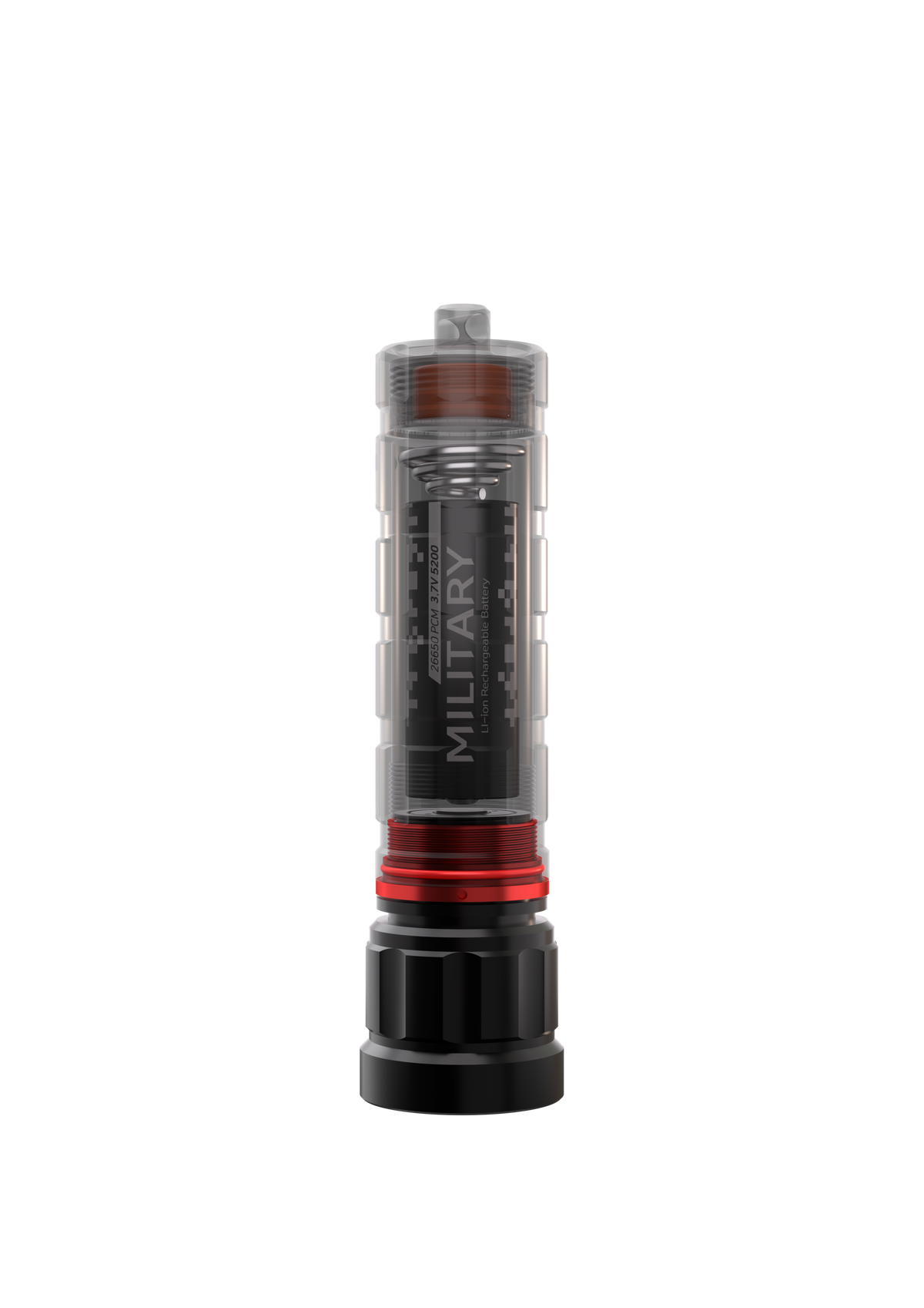 K1 Rescue cutaway illustration showing the 26650 battery and rear marker compartment