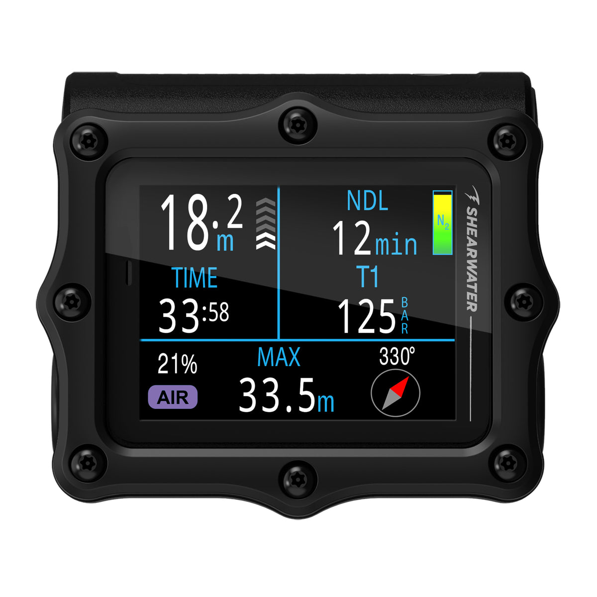 Shearwater Perdix 3 Black front view showing air dive screen