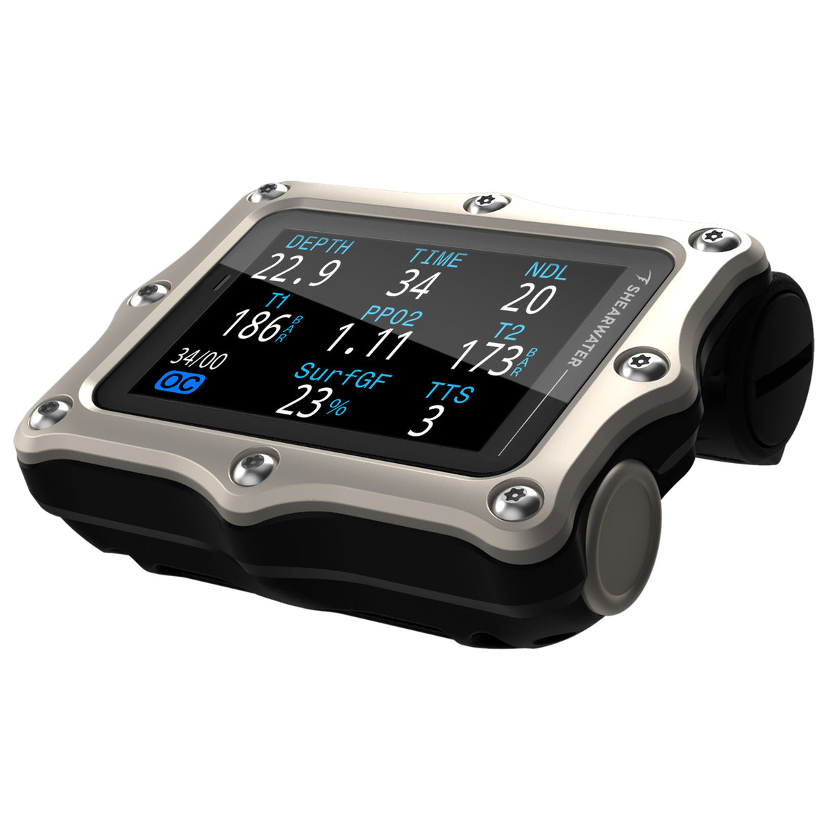 Shearwater Perdix 3 Silver angled view showing technical dive screen