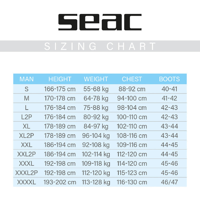 SEAC men's drysuit size chart: height, weight, chest and boot sizes from S to XXXXL